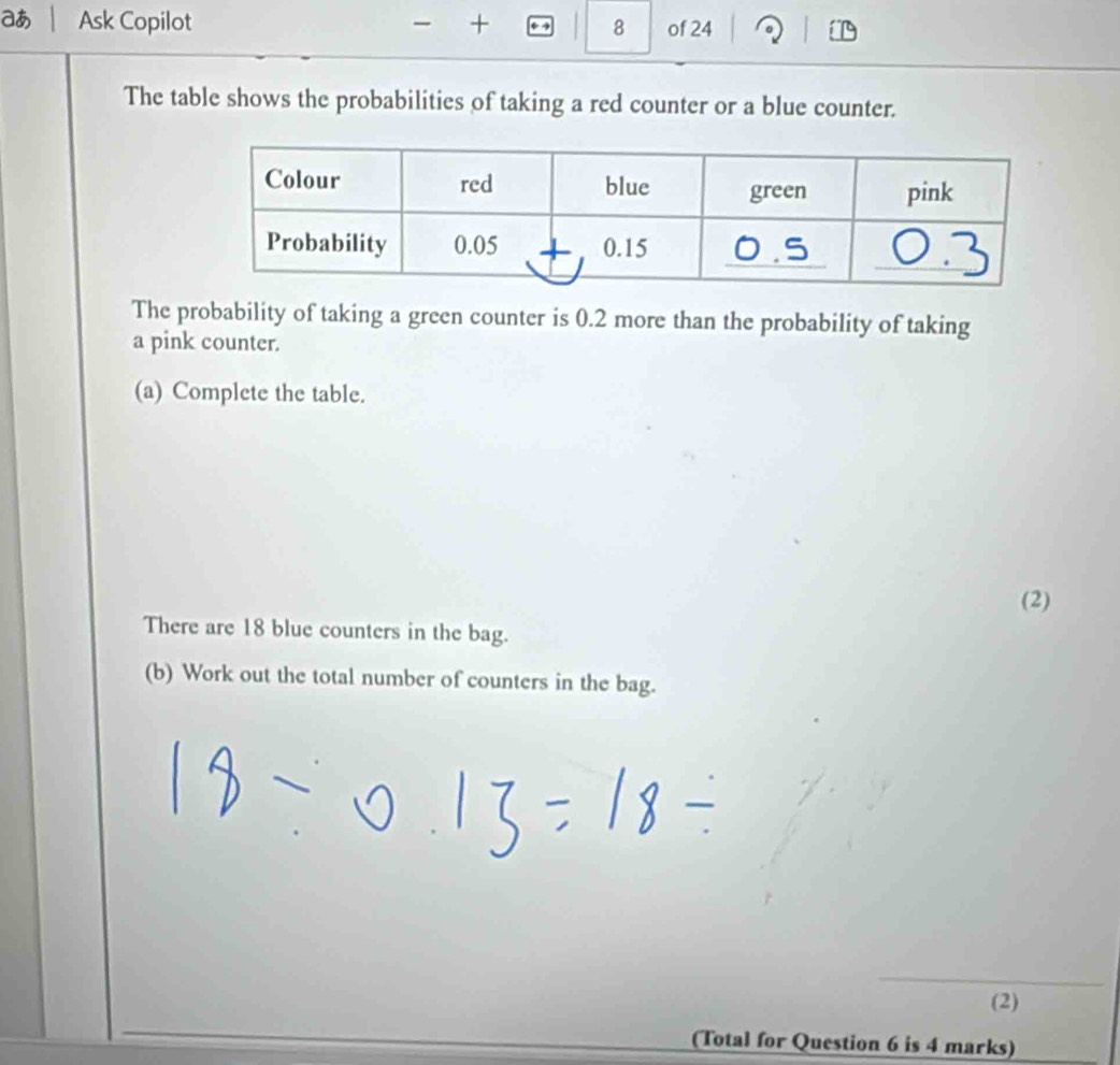 aあ Ask Copilot + 8 of 24 

The table shows the probabilities of taking a red counter or a blue counter. 
The probability of taking a green counter is 0.2 more than the probability of taking 
a pink counter. 
(a) Complete the table. 
(2) 
There are 18 blue counters in the bag. 
(b) Work out the total number of counters in the bag. 
_ 
(2) 
(Total for Question 6 is 4 marks)