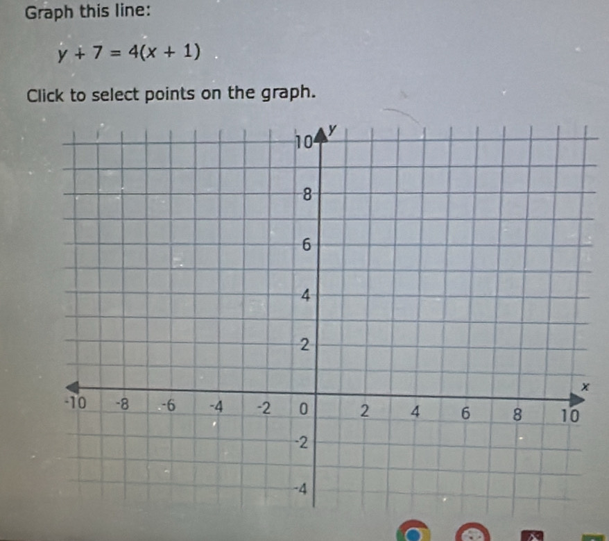 Graph this line:
y+7=4(x+1)
Click to select points on the graph.