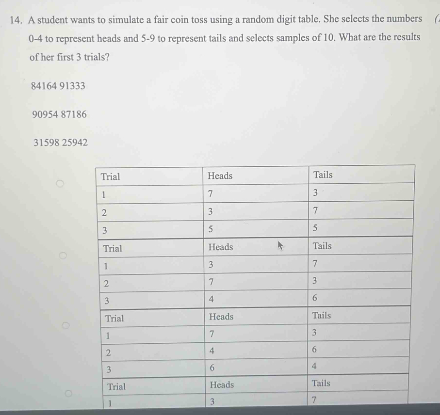 A student wants to simulate a fair coin toss using a random digit table. She selects the numbers
0-4 to represent heads and 5-9 to represent tails and selects samples of 10. What are the results
of her first 3 trials?
84164 91333
90954 87186
31598 25942
1
3