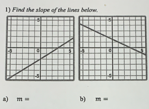 Find the slope of the lines below. 
a) m= b) m=