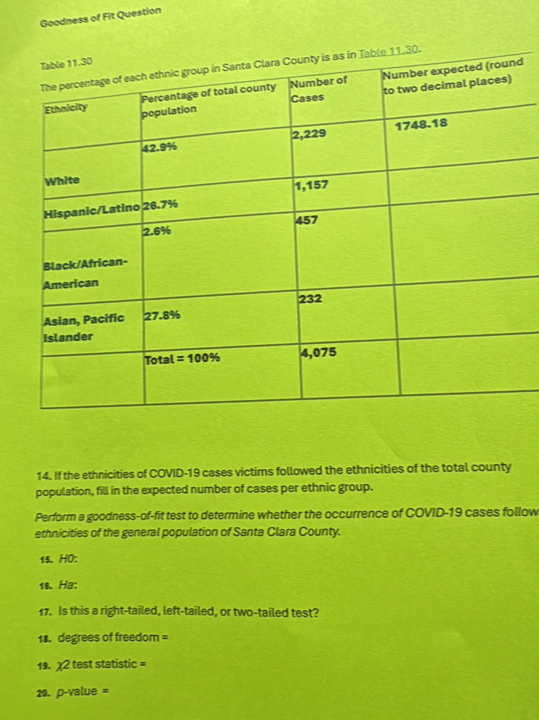 Goodness of Fit Question
d
14. If the ethnicities of COVID-19 cases victims followed the ethnicities of the total county
population, fill in the expected number of cases per ethnic group.
Perform a goodness-of-fit test to determine whether the occurrence of COVID-19 cases follow
ethnicities of the general population of Santa Clara County.
15. HO:
16. Ha:
17. Is this a right-tailed, left-tailed, or two-tailed test?
18. degrees of freedom =
19. χ2 test statistic =
20. p-value=