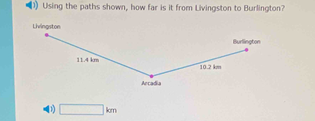 ) Using the paths shown, how far is it from Livingston to Burlington?
□ km