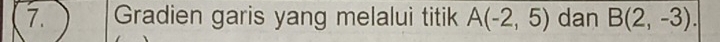 Gradien garis yang melalui titik A(-2,5) dan B(2,-3).