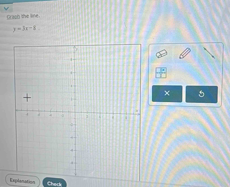 Graph the line.
y=3x-8. 
× 
Explanation Check