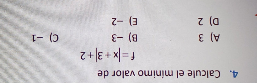 Calcule el mínimo valor de
f=|x+3|+2
A) 3 B) -3 C) −1
D) 2 E) -2