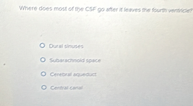 Where does most of the CSF go after it leaves the fourth ventricle?
Dural sinuses
Subarachnoid space
Cerebral aqueduct
Centrall canal