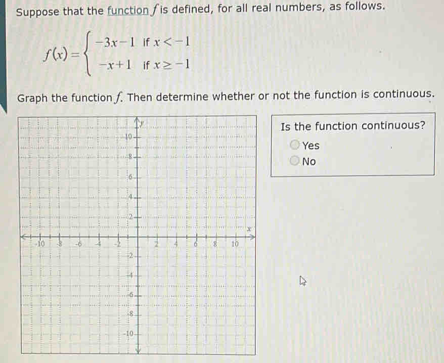 Suppose that the functionis defined, for all real numbers, as follows.
f(x)=beginarrayl -3x-1ifx
Graph the function f. Then determine whether or not the function is continuous.
Is the function continuous?
Yes
No