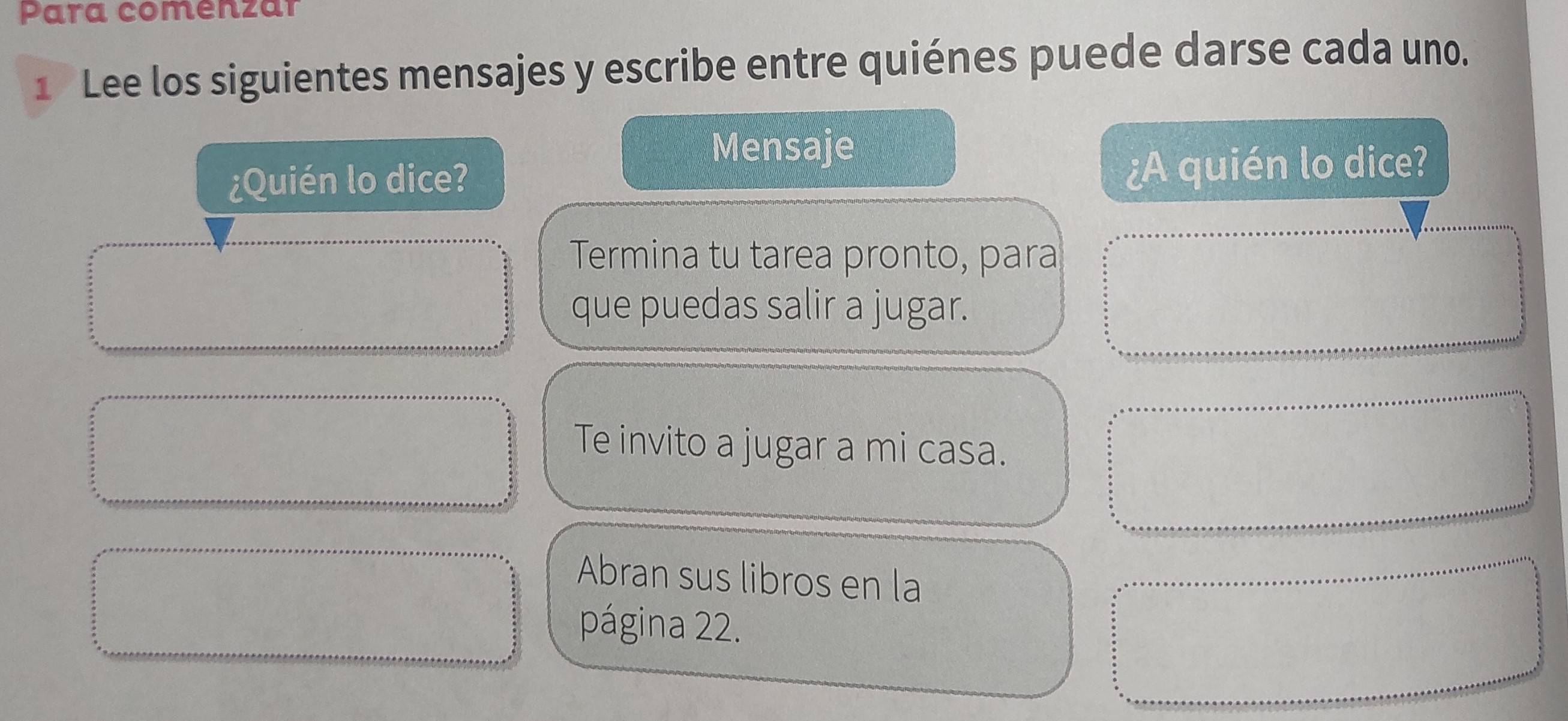 Para comenzar 
1 Lee los siguientes mensajes y escribe entre quiénes puede darse cada uno. 
Mensaje 
¿Quién lo dice? 
¿A quién lo dice? 
Termina tu tarea pronto, para 
que puedas salir a jugar. 
Te invito a jugar a mi casa. 
Abran sus libros en la 
página 22.