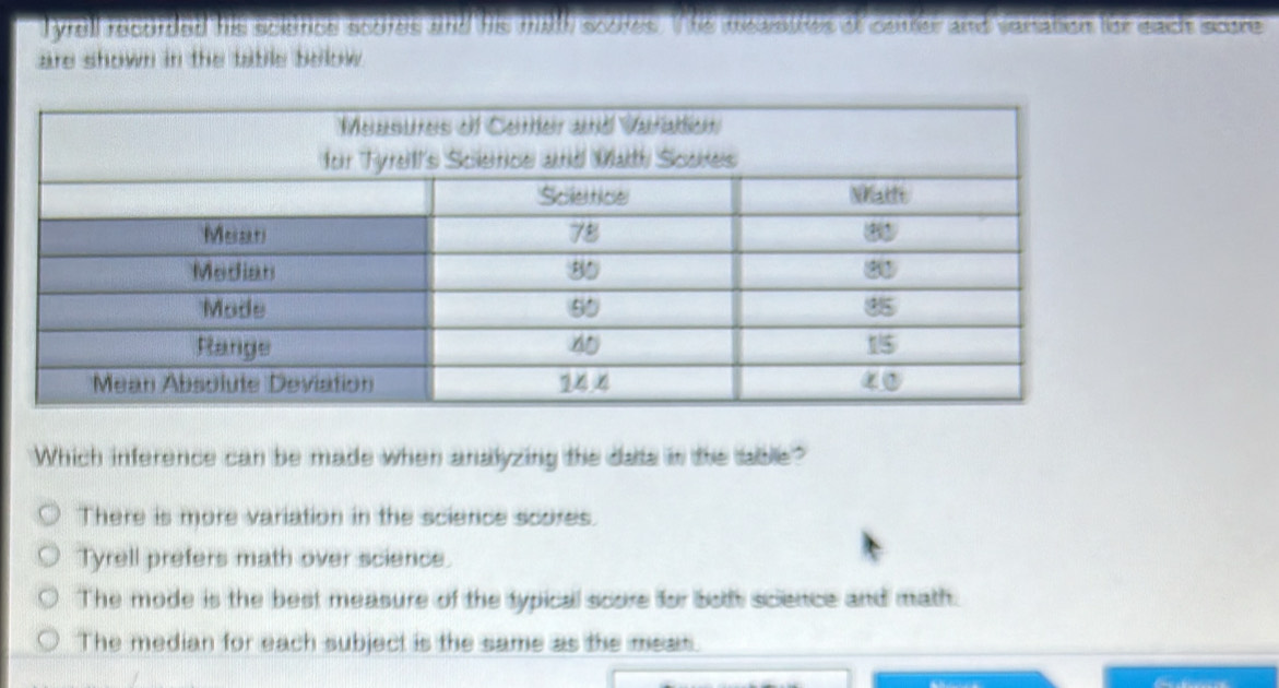 Tyrell recorded his scietice scotes and his miith scotes. I he measttes of comer and veration for each score
are shown in the table below .
Which inference can be made when analyzing the dats in the table?
There is more variation in the science scores.
Tyrell prefers math over science.
The mode is the best measure of the typical score for boh science and math.
The median for each subject is the same as the mean.