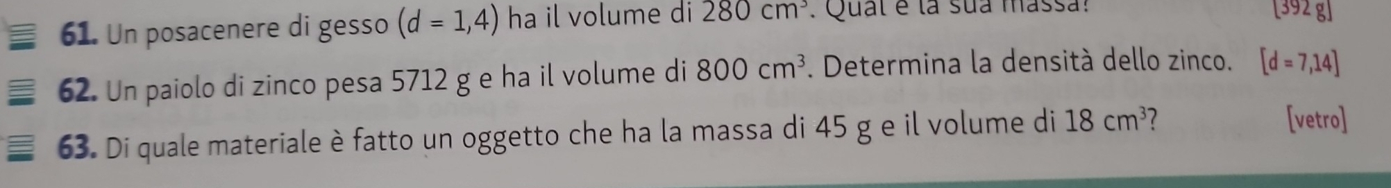 Un posacenere di gesso (d=1,4) ha il volume di 280cm^3 : Qual é la sua massa!
[392 g ] 
62. Un paiolo di zinco pesa 5712 g e ha il volume di 800cm^3. Determina la densità dello zinco. [d=7,14]
63. Di quale materiale è fatto un oggetto che ha la massa di 45 g e il volume di 18cm^3 7 
[vetro]