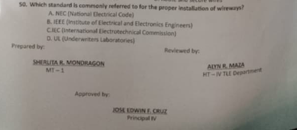 Which standard is commonly referred to for the proper installation of wireways?
A. NEC (National Electrical Code)
B. IEEE (Institute of Electrical and Electronics Engineers)
C.IEC (International Electrotechnical Commission)
D. UL (Underwriters Laboratories)
Prepared by: Reviewed by:
SHERLITA R. MONDRAGON
MT - 1
HT - IV TLE Department ALYN R. MAZA
Approved by:
JOSE EDWIN F. CRUZ
Principal IV