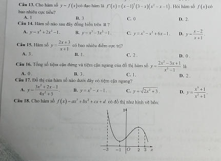 Cho hàm số y-f(x) có đạo hàm là f'(x)=(x-1)^2(3-x)(x^2-x-1). Hỏi hàm số f(x) có
bao nhiêu cực tiểu? B. 3
A. 1
Câu 14. Hàm số nào sau đây đồng biến trên R ? C. 0 D. 2.
A. y=x^4+2x^2-1. B. y=x^3-3x^2-1. C. y=x^3-x^2+6x-1. D. y= (x-2)/x+1 . 
Câu 15. Hàm số y= (2x+3)/x+1  có bao nhiêu điểm cực trị?
A. 3. B. 1 C. 2. D. () .
Câu 16, Tổng số tiệm cận đứng và tiệm cận ngang của đồ thị hàm số y- (2x^2-3x+1)/x^2-1  là
A. 0. B. 3 、 C. 1. D. 2.
Câu 17. Đỗ thị của hàm số nào dưới đây có tiệm cận ngang?
A. y= (3x^2+2x-1)/4x^2+5 . B. y=x^3-x-1. C. y=sqrt(2x^2+3). D. y= (x^3+1)/x^2+1 . 
Câu 18, Cho hàm số f(x)=ax^2+bx^2+cx+d có d_0^2 thị như hình về bên: