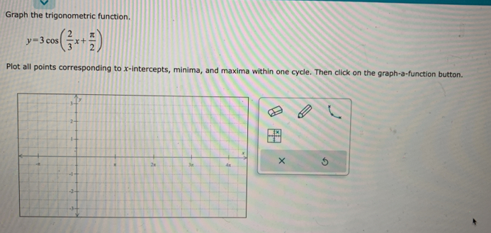 Graph the trigonometric function.
y=3cos ( 2/3 x+ π /2 )
Plot all points corresponding to x-intercepts, minima, and maxima within one cycle. Then click on the graph-a-function button. 
×