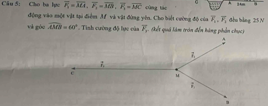 A 24m B
Câu 5: Cho ba lực overline F_1=overline MA,overline F_2=overline MB,overline F_3=overline MC cùng tác
động vào một vật tại điểm M và vật đứng yên. Cho biết cường độ của overline F_1,overline F_2 đều bằng 25 N
và góc widehat AMB=60°. Tính cường độ lực của overline F_3 (kết quá làm tròn đến hàng phần chục)