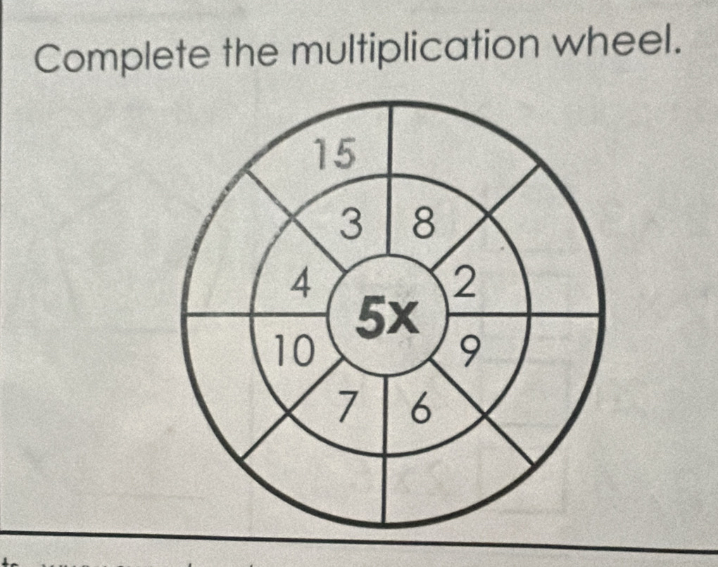 Complete the multiplication wheel.
15
3 8
4
2
5x
10
9
7 6