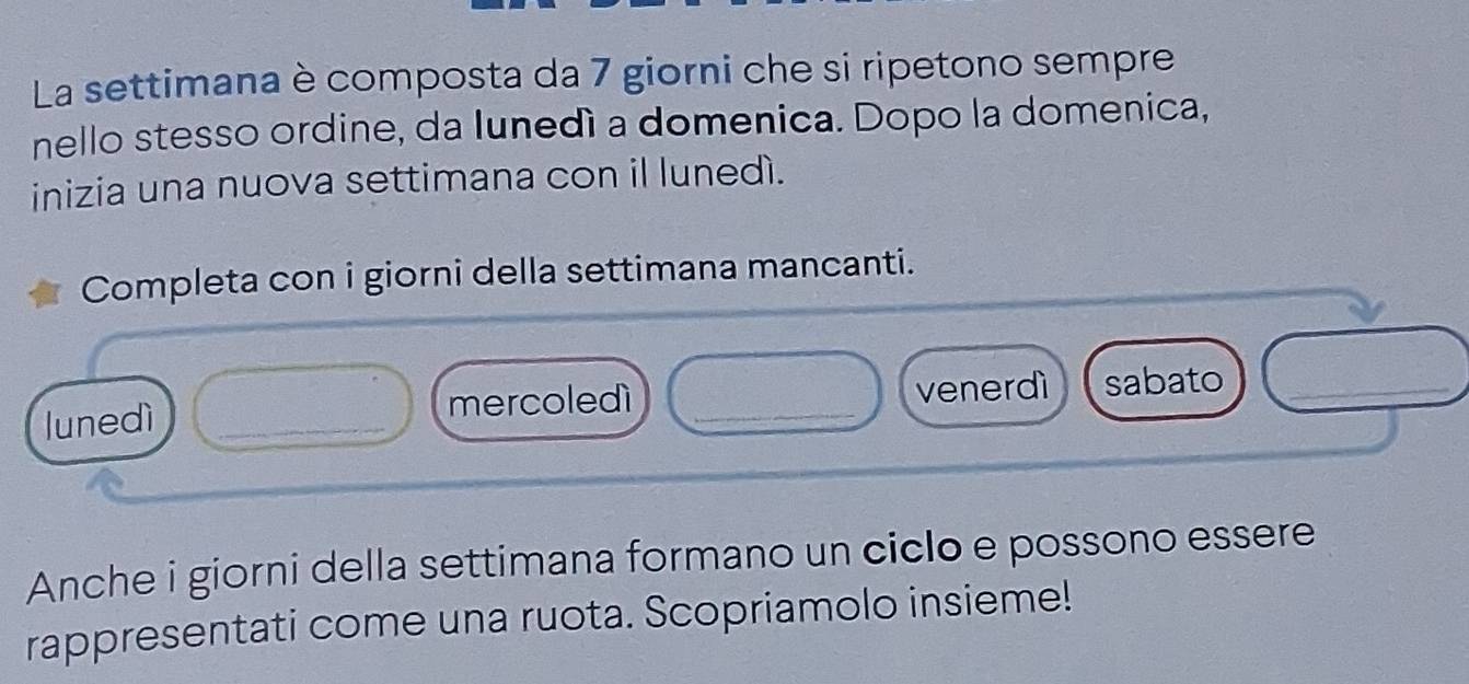 La settimana è composta da 7 giorni che si ripetono sempre 
nello stesso ordine, da lunedì a domenica. Dopo la domenica, 
inizia una nuova settimana con il lunedì. 
Completa con i giorni della settimana mancanti. 
lunedì _mercoledì _venerdì sabato_ 
Anche i giorni della settimana formano un ciclo e possono essere 
rappresentati come una ruota. Scopriamolo insieme!