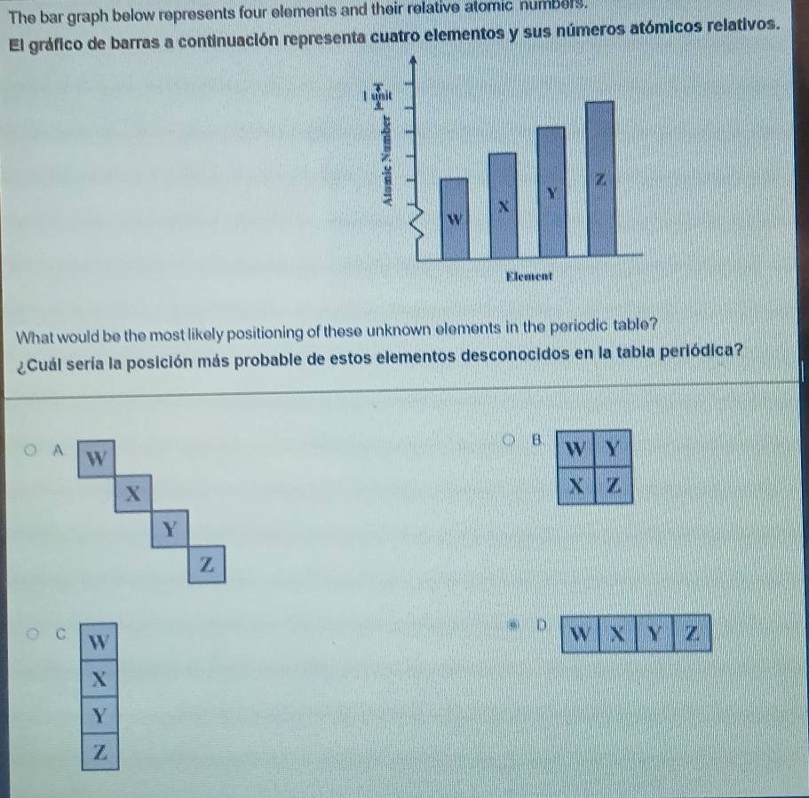 The bar graph below represents four elements and their relative atomic numbers.
El gráfico de barras a continuación representa cuatro elementos y sus números atómicos relativos.
What would be the most likely positioning of these unknown elements in the periodic table?
¿Cuál sería la posición más probable de estos elementos desconocidos en la tabla periódica?
B.
D
C W
X
Y
Z