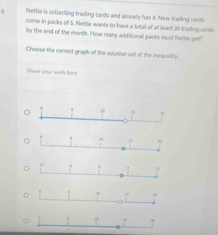 Nettie is collecting trading cards and already has 9. New trading cards 
come in packs of 5. Nettie wants to have a total of at least 29 trading cards 
by the end of the month. How many additional packs must Nettie get? 
Choose the correct graph of the solution set of the inequality. 
Show your work here