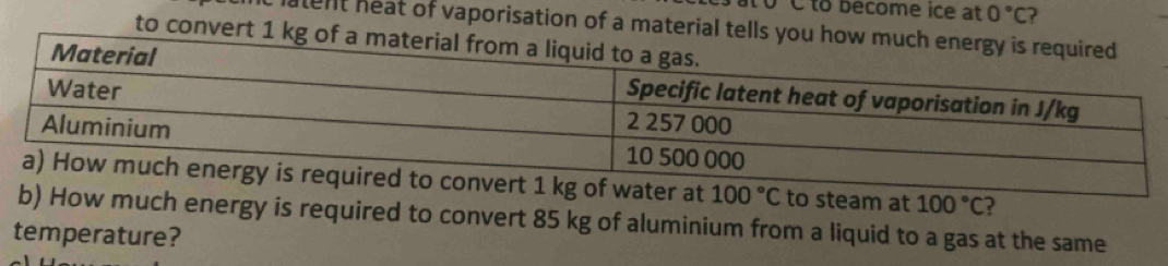 to become ice at 0°C ?
atent heat of vaporisation of a material
to conve
steam at 100°C ?
ow much energy is required to convert 85 kg of aluminium from a liquid to a gas at the same
temperature?