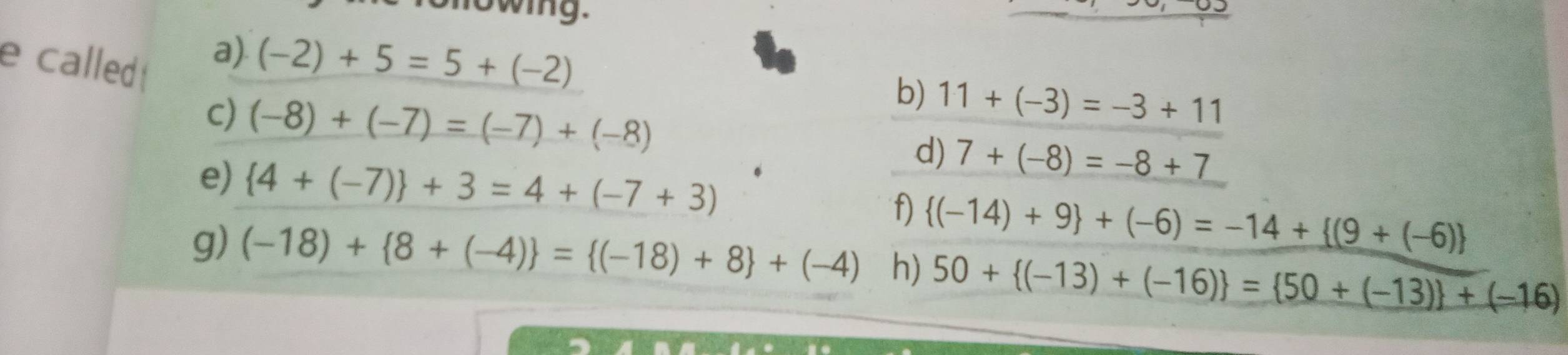 wing. 
a) 
e called (-2)+5=5+(-2)
b) 11+(-3)=-3+11
c) (-8)+(-7)=(-7)+(-8) d) 7+(-8)=-8+7
e)  4+(-7) +3=4+(-7+3) f)  (-14)+9 +(-6)=-14+ (9+(-6)
g) (-18)+ 8+(-4) = (-18)+8 +(-4) h) 50+ (-13)+(-16) = 50+(-13) +(-16)