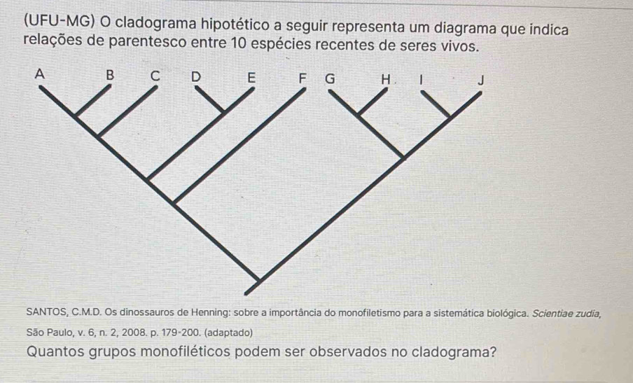 (UFU-MG) O cladograma hipotético a seguir representa um diagrama que indica 
relações de parentesco entre 10 espécies recentes de seres vivos. 
SANTOS, C.M.D. Os dinossauros de Henning: sobre a importância do monofiletismo para a sistemática biológica. Scientiae zudia, 
São Paulo, v. 6, n. 2, 2008. p. 179-200. (adaptado) 
Quantos grupos monofiléticos podem ser observados no cladograma?