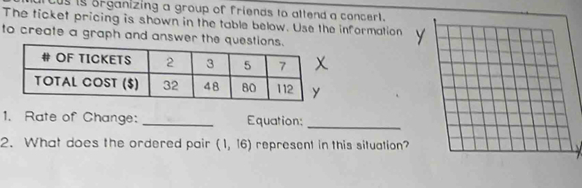 us is organizing a group of friends to allend a concert. 
The ticket pricing is shown in the table below. Use the information 
to create a graph and answer the question 
1. Rate of Change: _Equation: 
_ 
2. What does the ordered pair (1,16) represent in this situation?