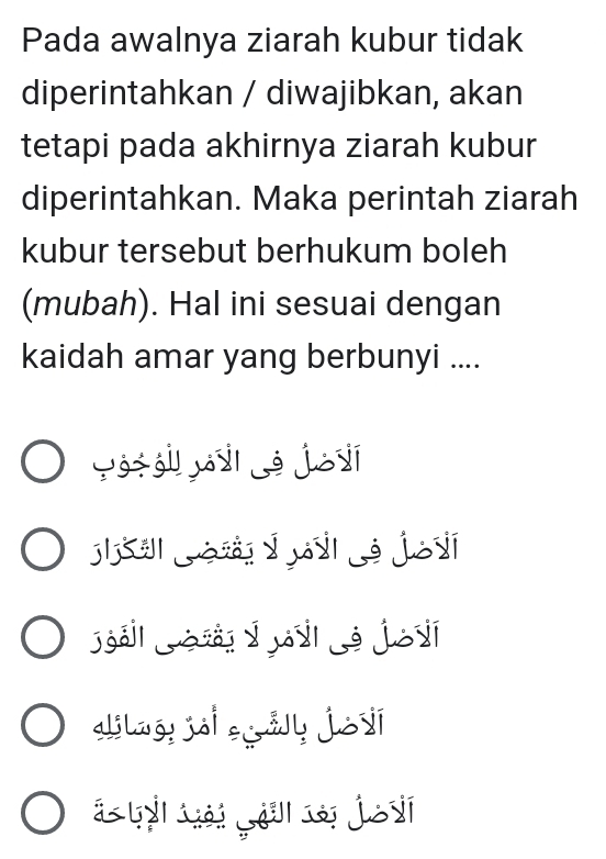 Pada awalnya ziarah kubur tidak
diperintahkan / diwajibkan, akan
tetapi pada akhirnya ziarah kubur
diperintahkan. Maka perintah ziarah
kubur tersebut berhukum boleh
(mubah). Hal ini sesuai dengan
kaidah amar yang berbunyi ....
yózsi é juxī
Jsa é in é joí
Jéail Jésái y ál é josi
alilwgy joi ay josi