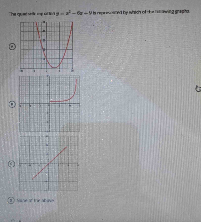 The quadratic equation y=x^2-6x+9 is represented by which of the following graphs.
a
B
C
b None of the above