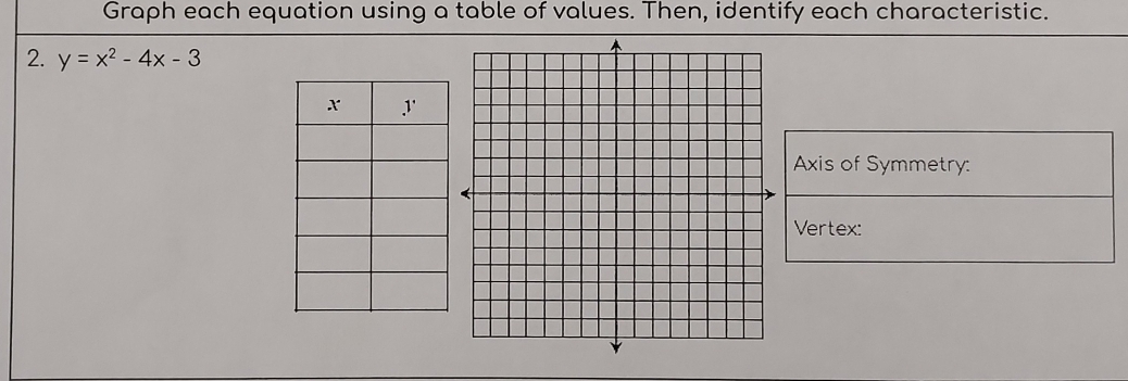 Graph each equation using a table of values. Then, identify each characteristic. 
2. y=x^2-4x-3
Axis of Symmetry: 
Vertex: