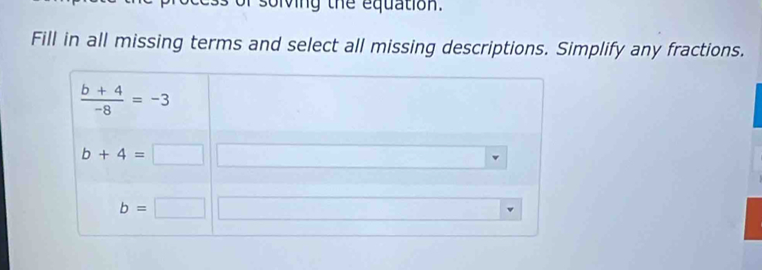 solving the equation.
Fill in all missing terms and select all missing descriptions. Simplify any fractions.