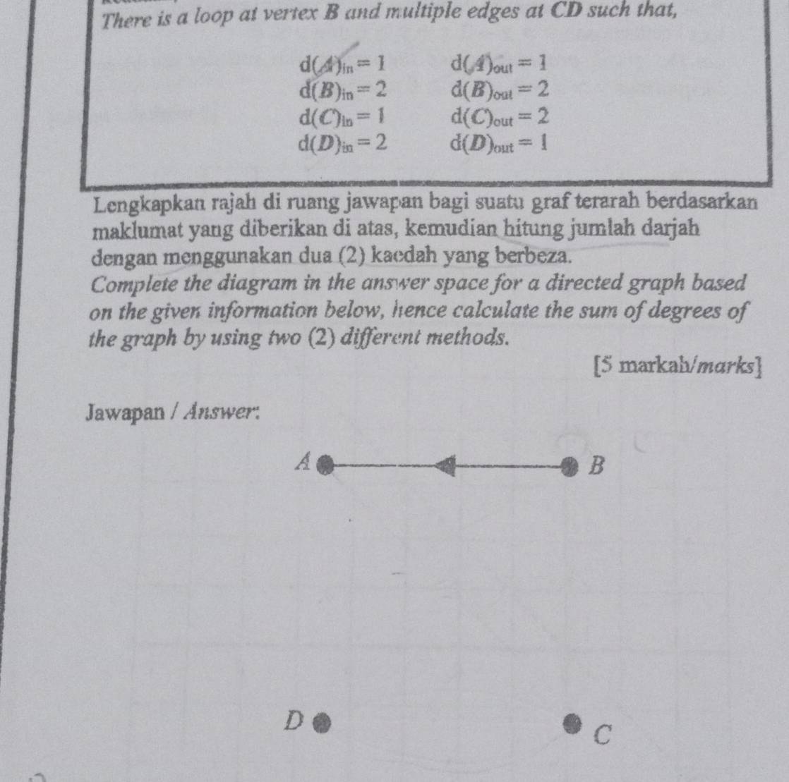 There is a loop at vertex B and multiple edges at CD such that,
d(A)_in=1 d(A)_out=1
d(B)_in=2 d(B)_out=2
d(C)_in=1 d(C)_out=2
d(D)_in=2 d(D)_out=1
Lengkapkan rajah di ruang jawapan bagi suatu graf terarah berdasarkan 
maklumat yang diberikan di atas, kemudian hitung jumlah darjah 
dengan menggunakan dua (2) kaedah yang berbeza. 
Complete the diagram in the answer space for a directed graph based 
on the given information below, hence calculate the sum of degrees of 
the graph by using two (2) different methods. 
[5 markah/marks] 
Jawapan / Answer: 
A 
B 
D 
C