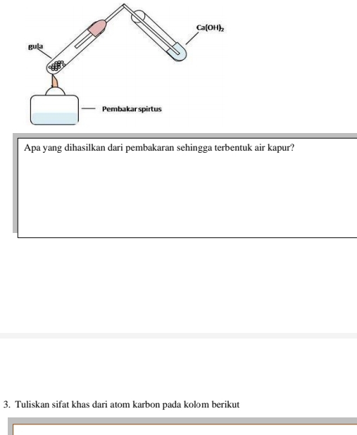 Apa yang dihasilkan dari pembakaran sehingga terbentuk air kapur?
3. Tuliskan sifat khas dari atom karbon pada kolom berikut
