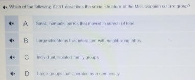 Which of the following BEST describes the social structure of the Mississippian culture group?
A Small, nomadic bands that moved in search of food
B Large chiefdoms that inferacted with neighboring tribes
C Individual, isolated family groups
Large groups that operated as a democracy