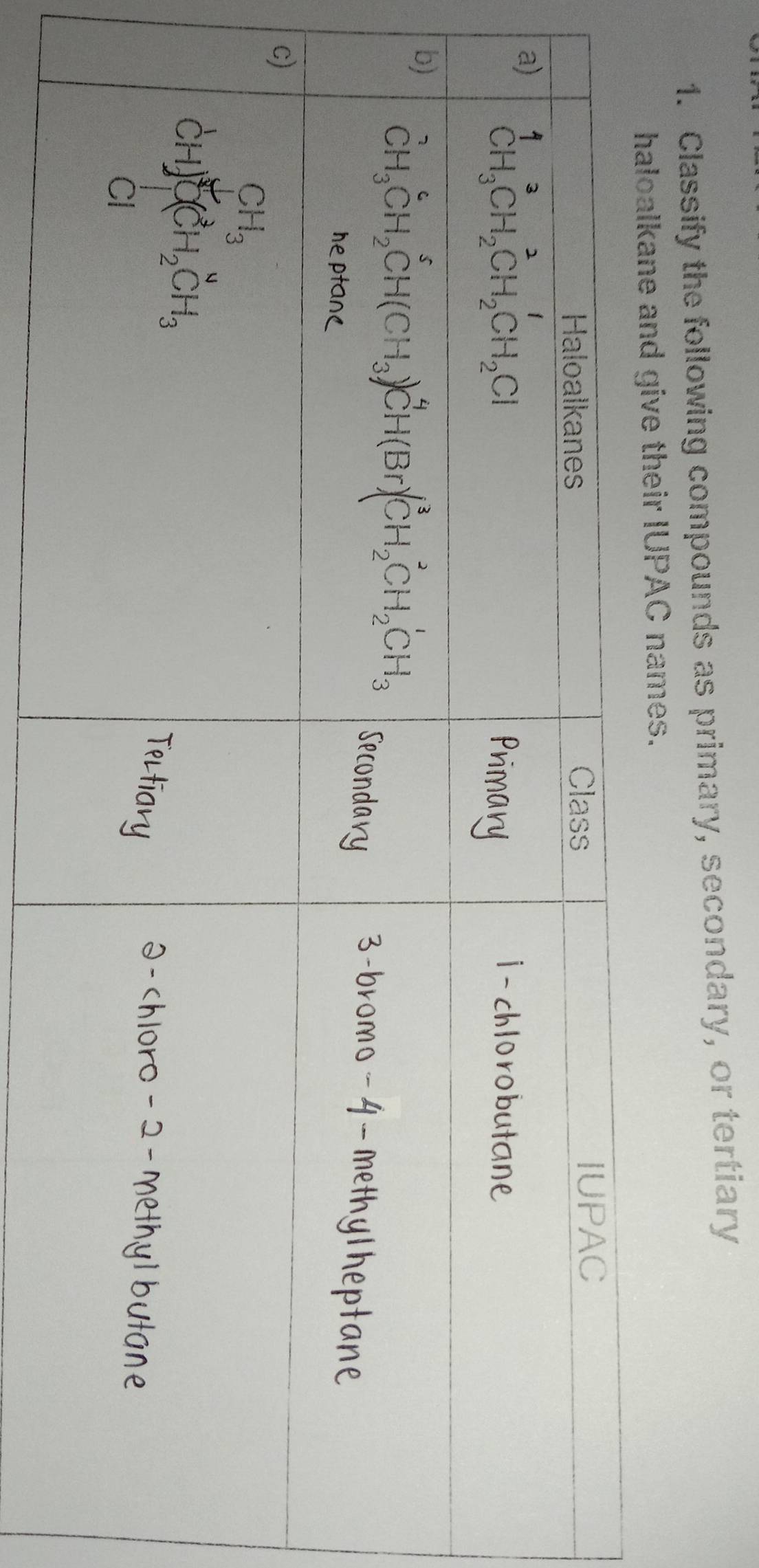 Classify the following compounds as primary, secondary, or tertiary
haloalkane and give their IUPAC names.