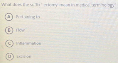 What does the suffix '-ectomy' mean in medical terminology?
A Pertaining to
B  Flow
C Inflammation
D Excision