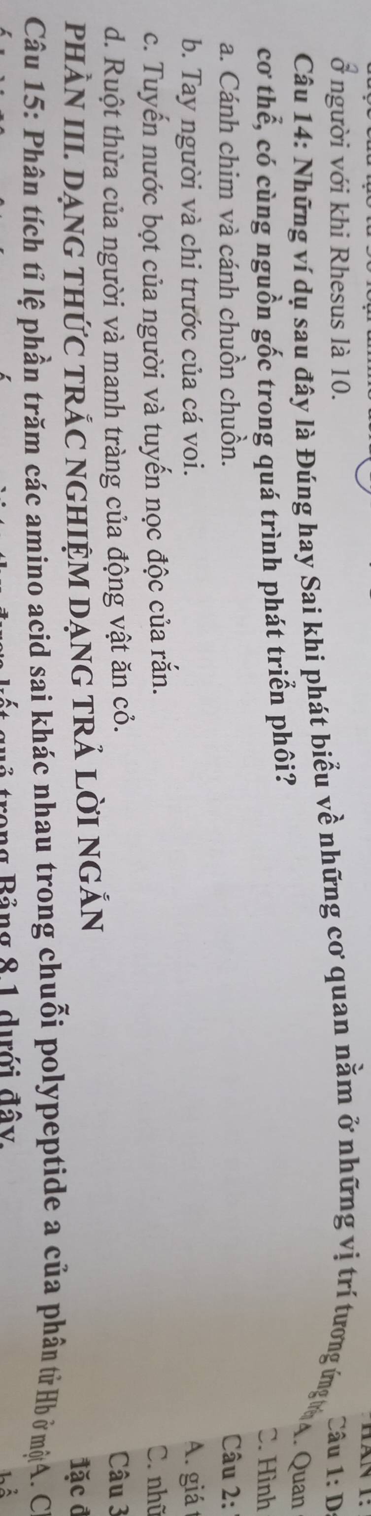  2/a  người với khi Rhesus là 10. Câu 1:D 
Câu 14: Những ví dụ sau đây là Đúng hay Sai khi phát biểu về những cơ quan nằm ở những vị trí tương ứngm a. Quan,
cơ thể, có cùng nguồn gốc trong quá trình phát triển phôi?
C. Hình
a. Cánh chim và cánh chuồn chuồn. Câu 2:
b. Tay người và chi trước của cá voi. A. giá
c. Tuyến nước bọt của người và tuyến nọc độc của rắn. C. nhũ
d. Ruột thừa của người và manh tràng của động vật ăn cỏ. Câu 3
phÀN III. DạnG tHứC TRắC nGHIỆM DạNG TRẢ LờI NGẵN đặc đ
Câu 15: Phân tích tỉ lệ phần trăm các amino acid sai khác nhau trong chuỗi polypeptide a của phân tử Hb ở mộ A. C.
rong Bảng 8 1 dưới đây