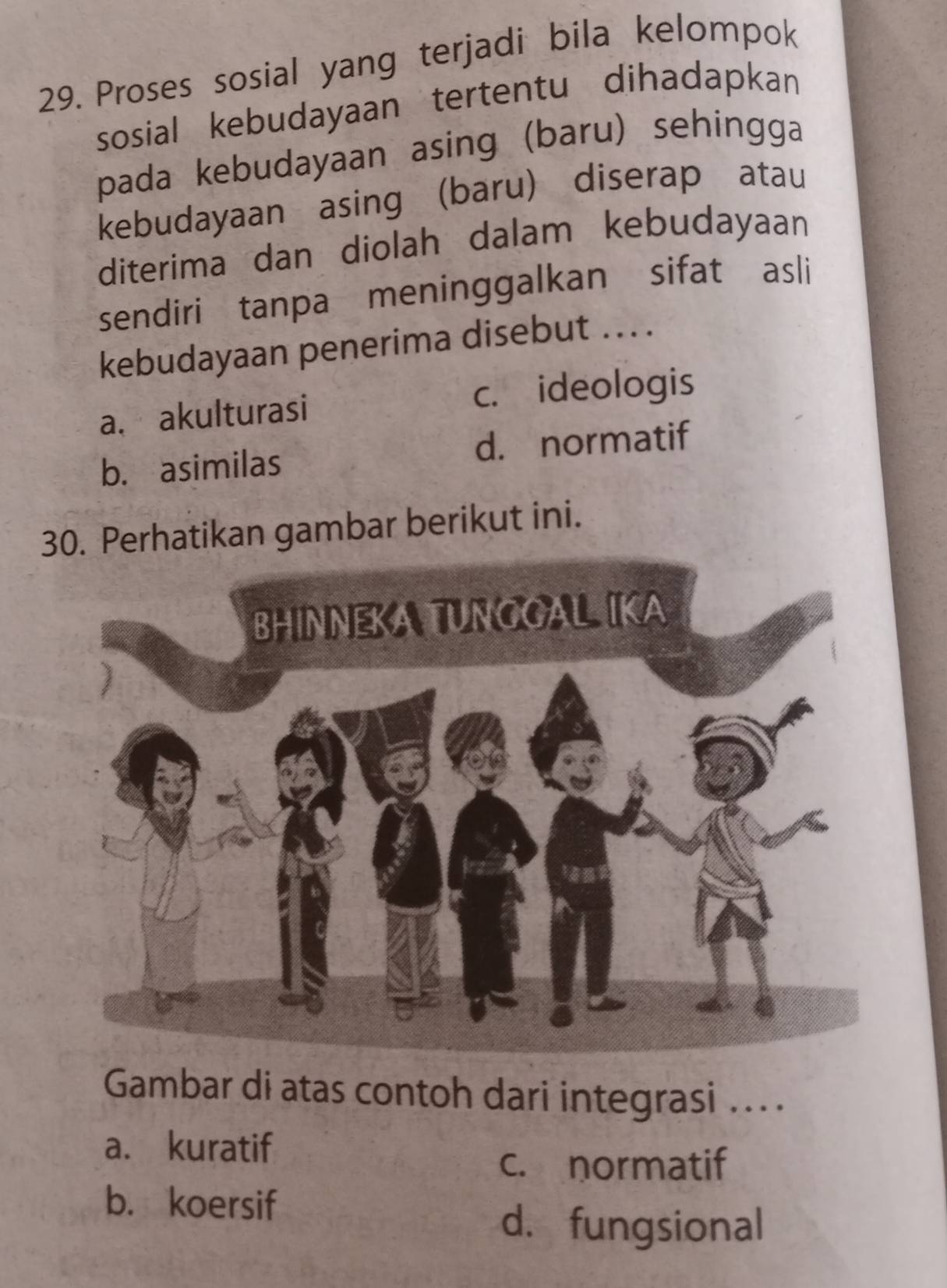 Proses sosial yang terjadi bila kelompok
sosial kebudayaan tertentu dihadapkan
pada kebudayaan asing (baru) sehingga
kebudayaan asing (baru) diserap atau
diterima dan diolah dalam kebudayaan
sendiri tanpa meninggalkan sifat asli
kebudayaan penerima disebut ... .
a. akulturasi c. ideologis
b. asimilas d. normatif
30. Perhatikan gambar berikut ini.
Gambar di atas contoh dari integrasi .. .
a. kuratif
c. normatif
b. koersif
d. fungsional