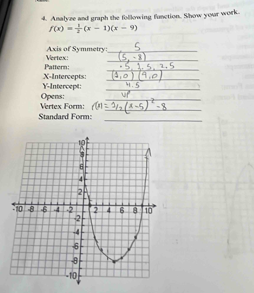 Analyze and graph the following function. Show your work.
f(x)= 1/2 (x-1)(x-9)
Axis of Symmetry:_ 
Vertex: 
_ 
Pattern: 
_ 
X-Intercepts:_ 
Y-Intercept:_ 
Opens: 
__ 
_ 
Vertex Form: 
_ 
Standard Form: