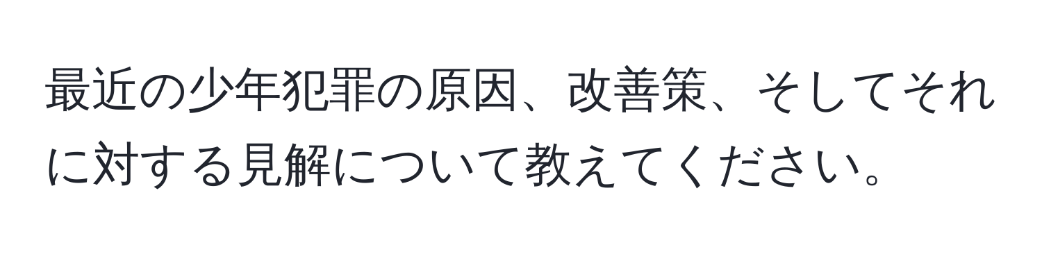 最近の少年犯罪の原因、改善策、そしてそれに対する見解について教えてください。