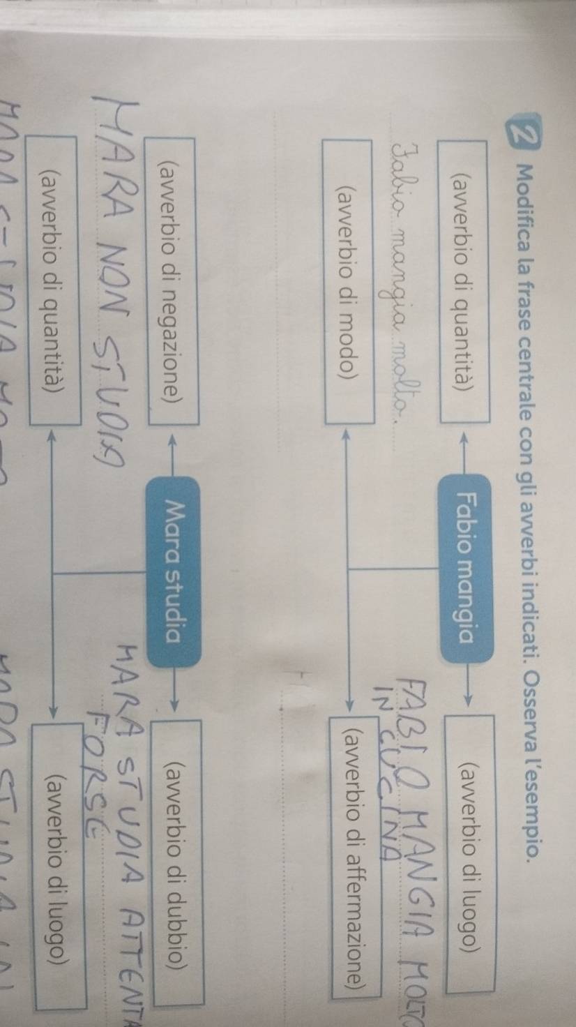 Modifica la frase centrale con gli avverbi indicati. Osserva l’esempio. 
(avverbio di quantità) Fabio mangia (avverbio di luogo) 
(avverbio di modo) (avverbio di affermazione) 
(avverbio di negazione) Mara studia (avverbio di dubbio) 
(avverbio di quantità) (avverbio di luogo)