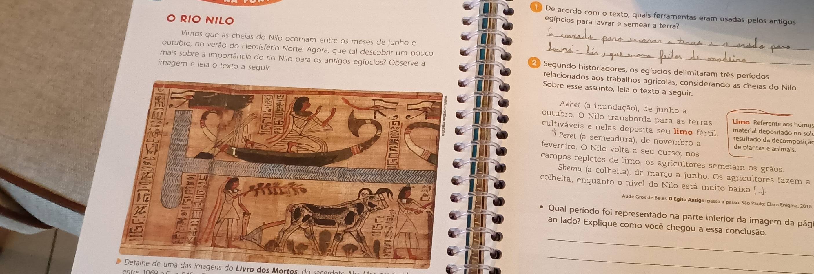 De acordo com o texto, quais ferramentas eram usadas pelos antigos
O RIO NILO
egípcios para lavrar e semear a terra?
Vimos que as cheias do Nilo ocorriam entre os meses de junho e_
outubro, no verão do Hemisfério Norte. Agora, que tal descobrir um pouco Segundo historiadores, os egípcios delimitaram três períodos
2
mais sobre a importância do rio Nilo para os antigos egípcios? Observe a relacionados aos trabalhos agrícolas, considerando as cheias do Nilo.
imagem e leia o texto a seguir. Sobre esse assunto, leia o texto a seguir.
Akhet (a inundação), de junho a
outubro. O Nilo transborda para as terras Umo Referente aos húmu
cultiváveis e nelas deposita seu limo fértil. material depositado no sol
resultado da decomposição
Peret (a semeadura), de novembro a de plantas e animais.
fevereiro. O Nilo volta a seu curso; nos
campos repletos de limo, os agricultores semeiam os grãos.
Shemu (a colheita), de março a junho. Os agricultores fazem a
colheita, enquanto o nível do Nilo está muito baixo
Aude Gros de Beler. O Egito Antigo: passo a passo. São Paulo: Claro Enigma, 2016
Qual período foi representado na parte inferior da imagem da pág
_
ao lado? Explique como você chegou a essa conclusão.
Detalhe de uma das ímagens do Livro dos Mortos do s cerdo o o
_