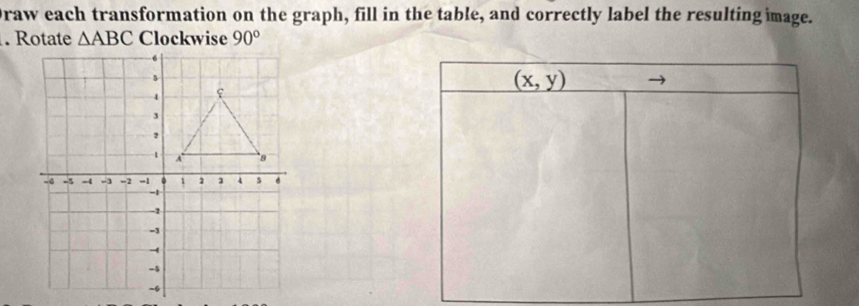 Draw each transformation on the graph, fill in the table, and correctly label the resulting image. 
. Rotate △ ABC Clockwise 90°
(x,y)