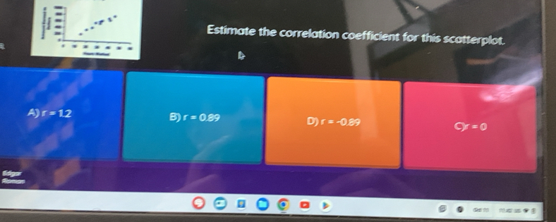Estimate the correlation coefficient for this scatterplot.
A) r=1.2 B) r=0.89 D) r=-0.89 Cy=0