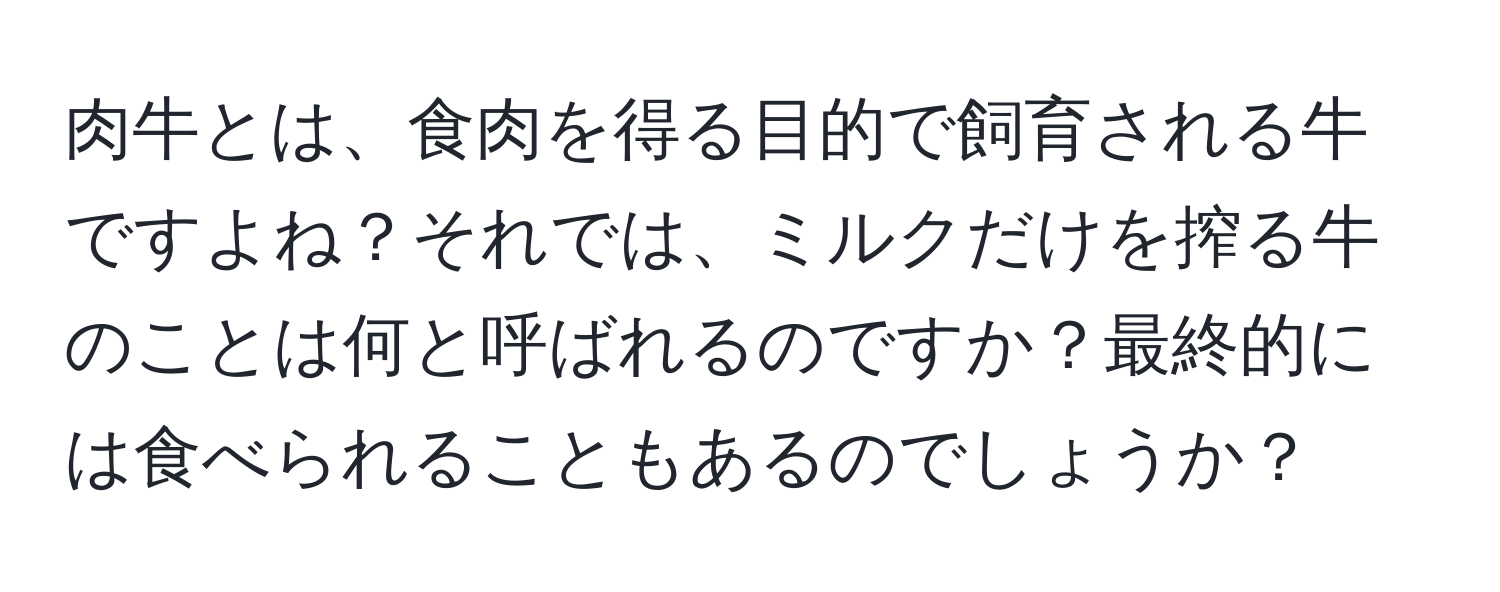 肉牛とは、食肉を得る目的で飼育される牛ですよね？それでは、ミルクだけを搾る牛のことは何と呼ばれるのですか？最終的には食べられることもあるのでしょうか？