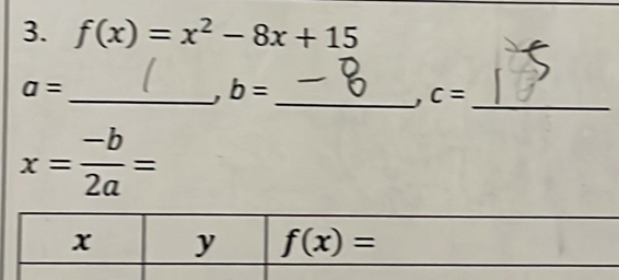 f(x)=x^2-8x+15
_ a=
b=
_, c= _
x= (-b)/2a =
x y f(x)=