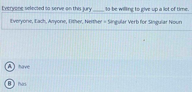 Everyone selected to serve on this jury_ to be willing to give up a lot of time.
Everyone, Each, Anyone, Either, Neither = Singular Verb for Singular Noun
A have
B  has