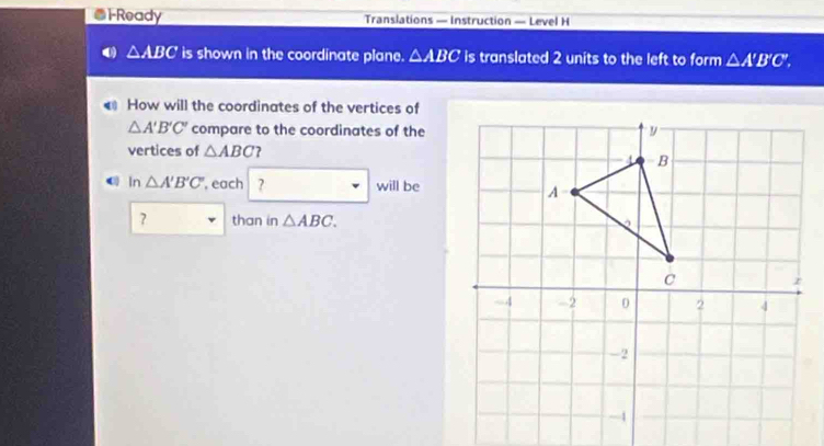 1Ready Translations — Instruction — Level H 
0) △ ABC is shown in the coordinate plane. △ ABC is translated 2 units to the left to form △ A'B'C'. 
€ How will the coordinates of the vertices of
△ A'B'C' compare to the coordinates of the 
vertices of △ ABC ? 
《 n △ A'B'C' , each ? will be 
? than in △ ABC.