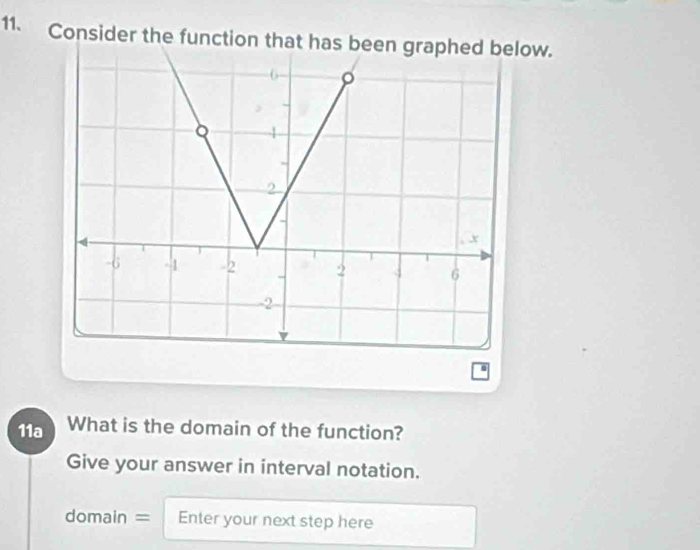 Consider the function that has beow. 
. 
11a What is the domain of the function? 
Give your answer in interval notation. 
domain = Enter your next step here