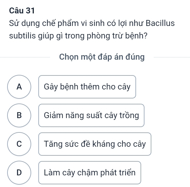 Sử dụng chế phẩm vi sinh có lợi như Bacillus
subtilis giúp gì trong phòng trừ bệnh?
Chọn một đáp án đúng
A Gây bệnh thêm cho cây
B Giảm năng suất cây trồng
C Tăng sức đề kháng cho cây
D Làm cây chậm phát triển