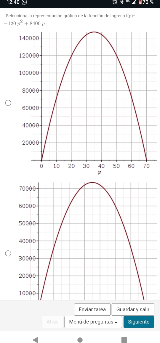 12:40 
Selecciona la representación gráfica de la función de ingreso I(p)=
-120p^2+8400p
Enviar tarea Guardar y salir 
Atrás Menú de preguntas ▲ Siguiente